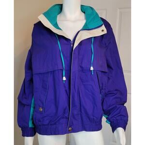VTG 90s Eagles Ridge Blue Teal Color Block Windbreaker Retractable Hood Size M